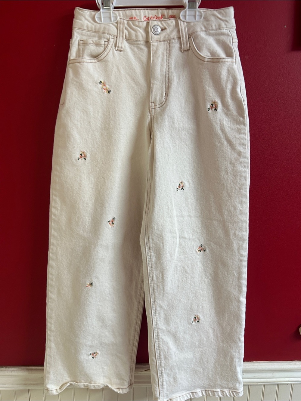 Cat & Jack Cream Straight-Leg Women's Jeans with Floral sz 10 Embroidery
